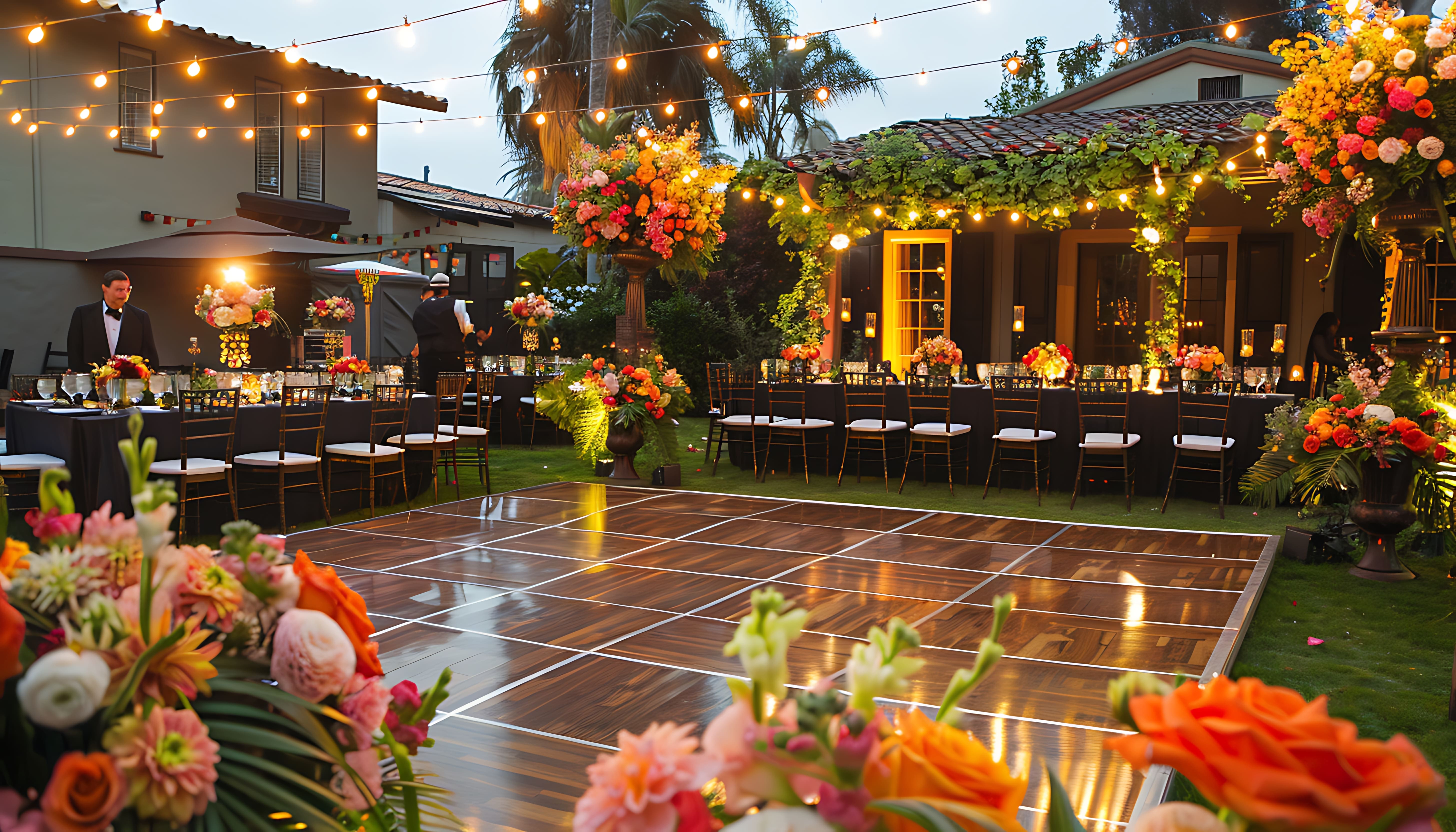 outdoor wedding venue setup with lights and decor