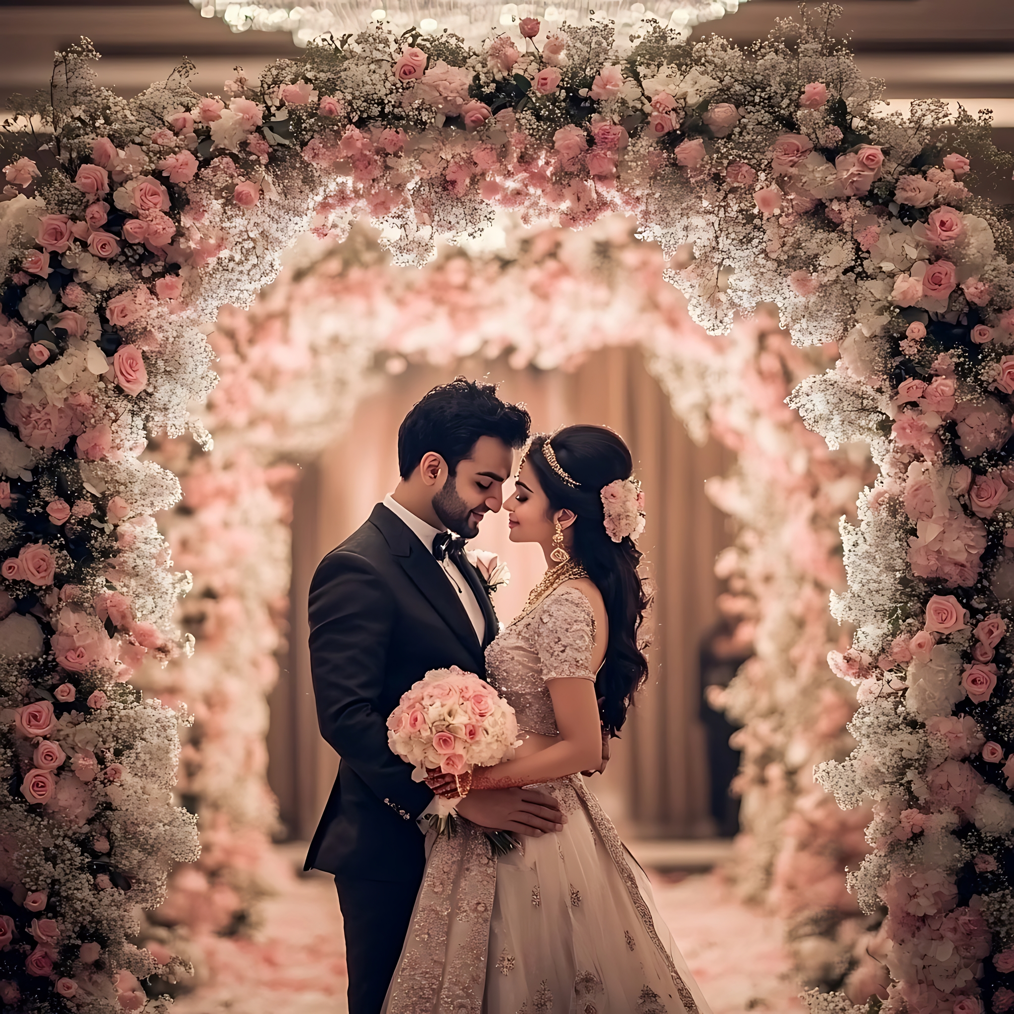 delicate floral decoration setting stage couple photos