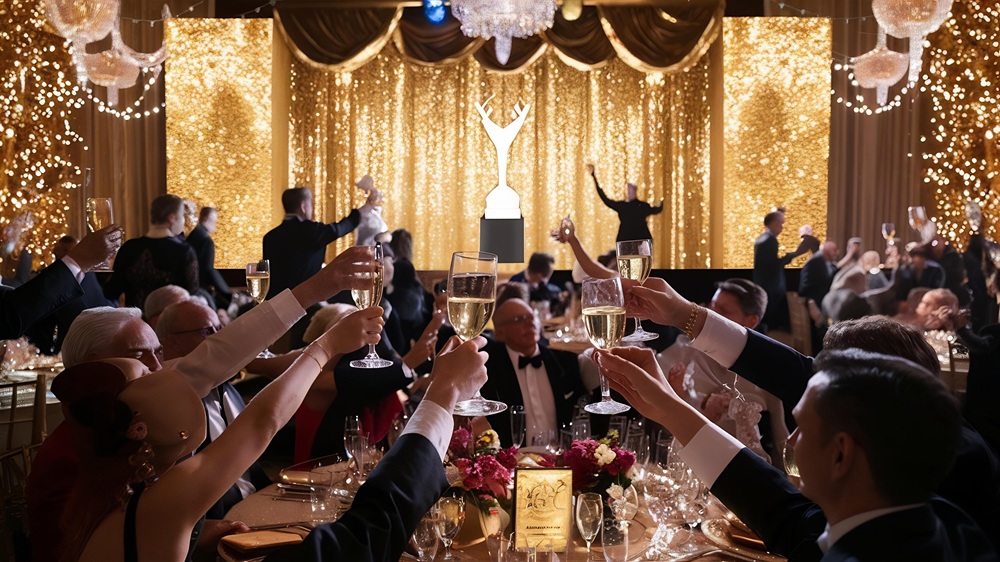 Wedding event celebration and gold glitter lights celebrate award party scene setup