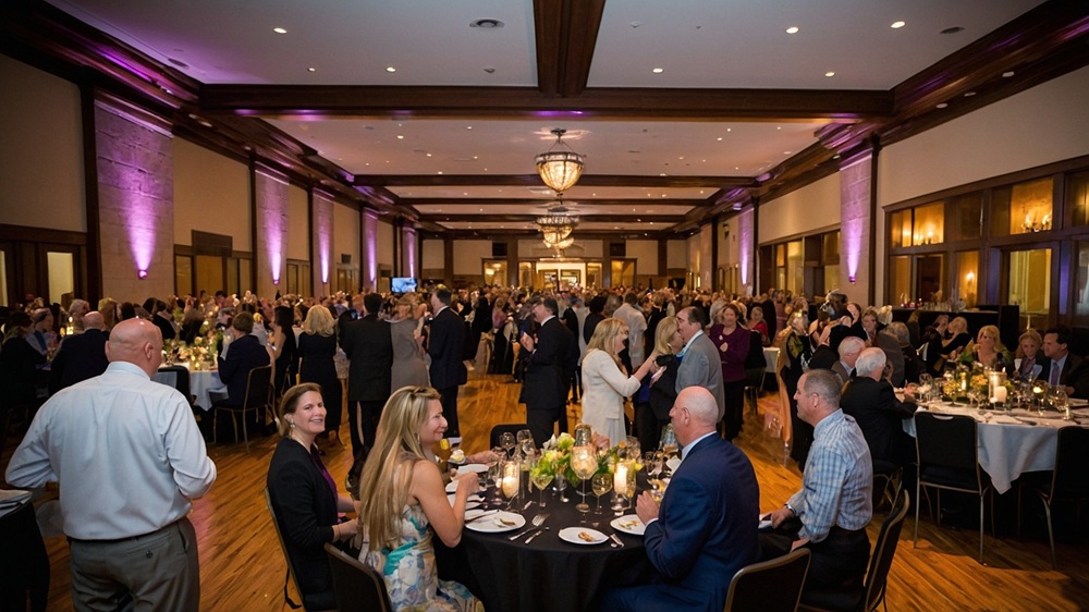 Private party event arrangement and large crowd people are gathered ballroom