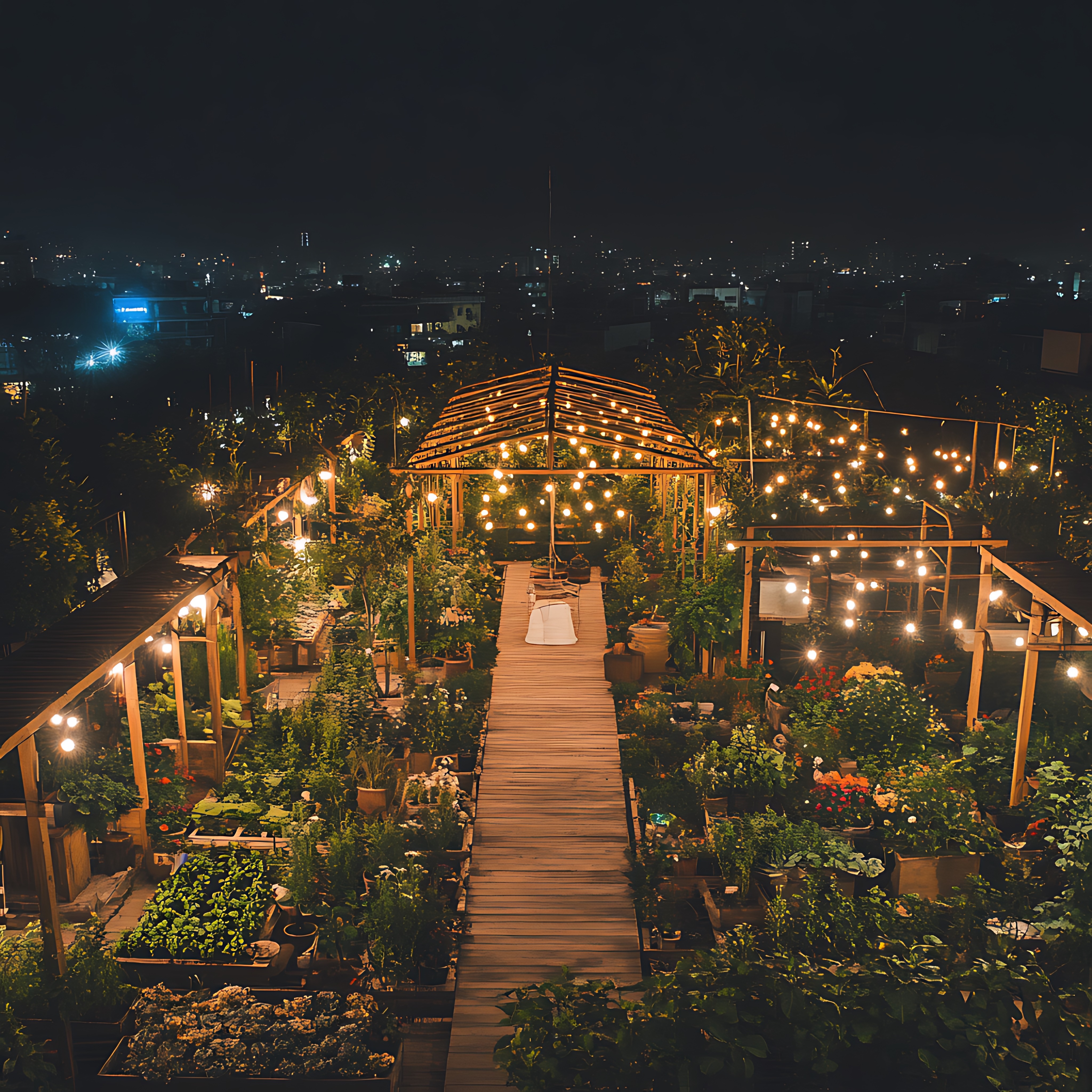 Luxury and budget wedding venues and nighttime view rooftop garden in Warangal